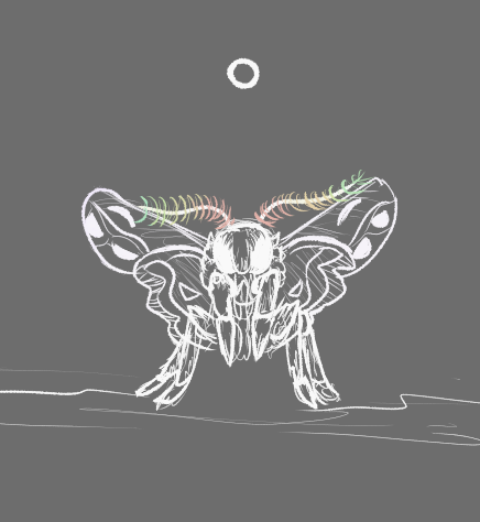 Cool doodle of a moth with rainbow antennae using white stroke on a gray background.
