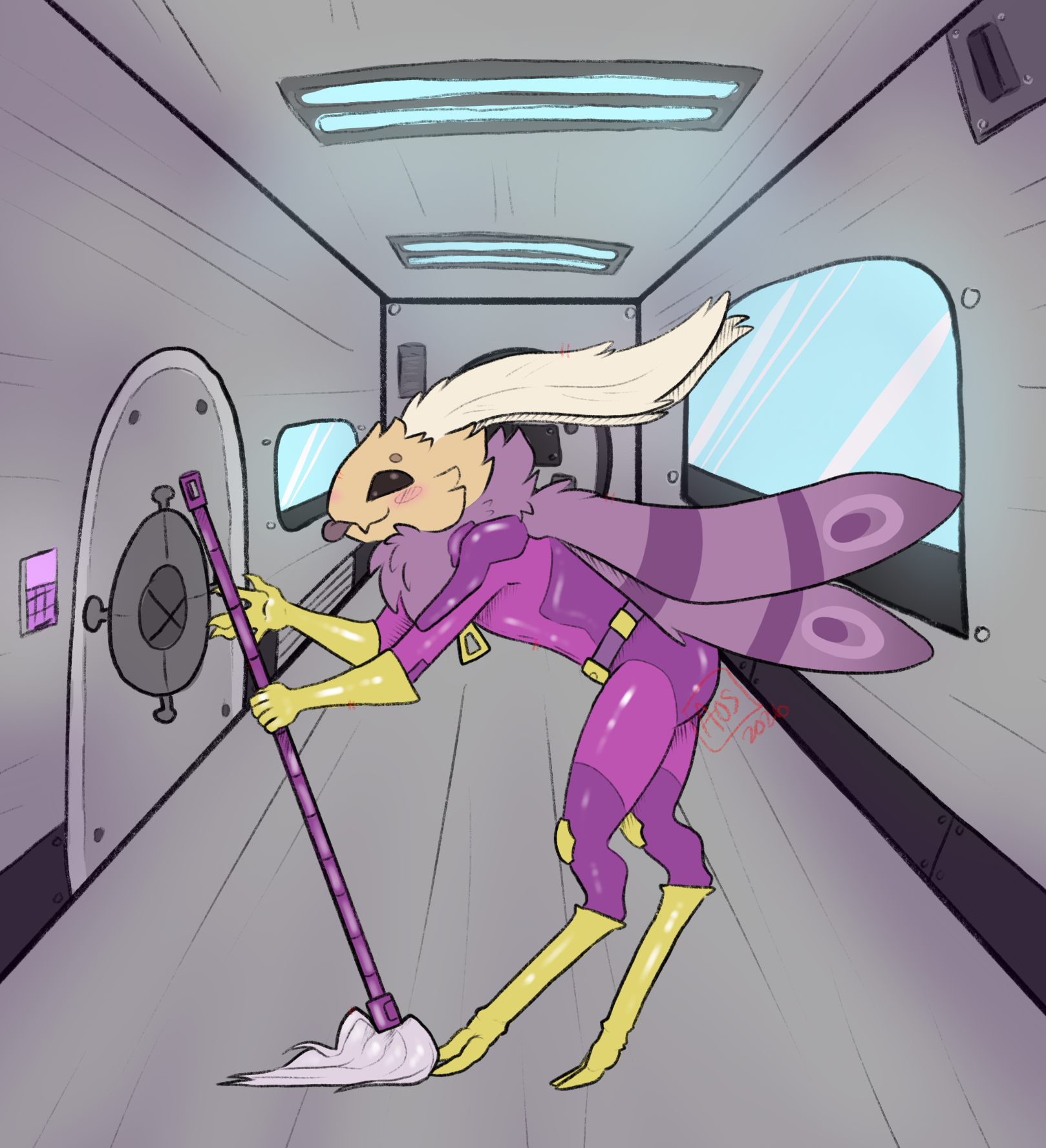 Caiden on patrol in a space station corridor, smiling and blepping his tongue out.