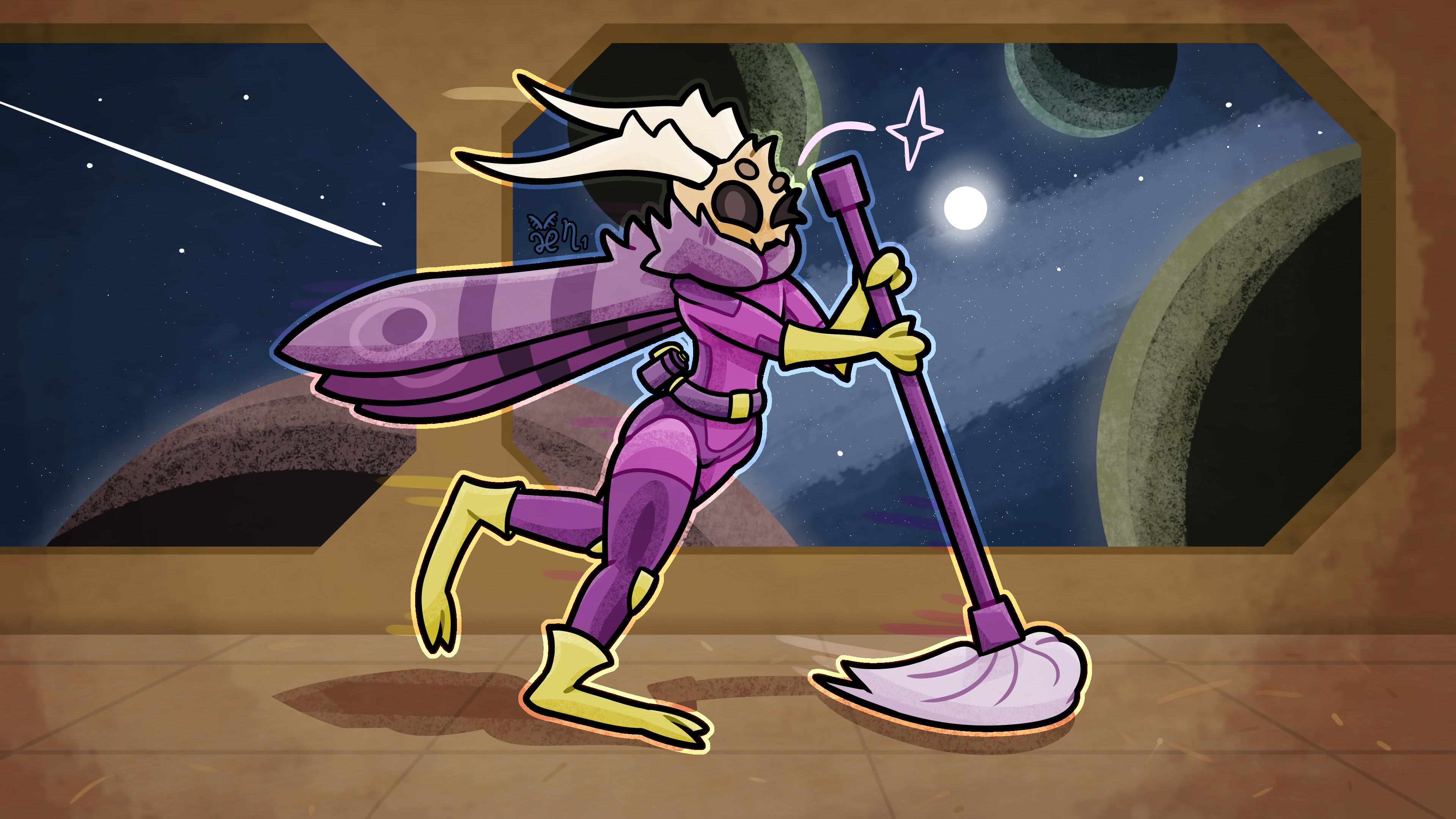 Caiden mopping the floor in front of a cool window, winking at the viewer.
