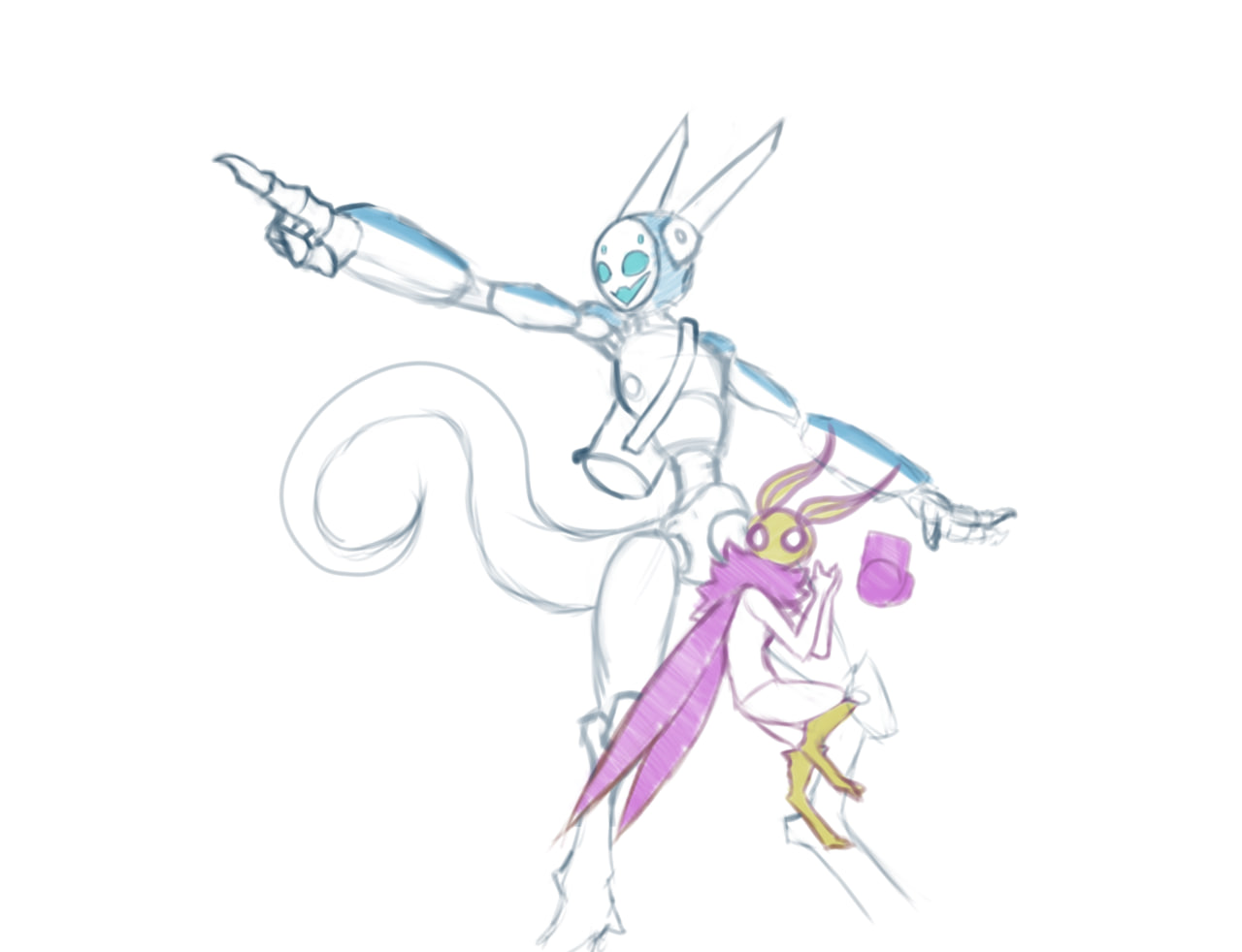 Caiden being startled while his borg best friend Diva is pointing at something.