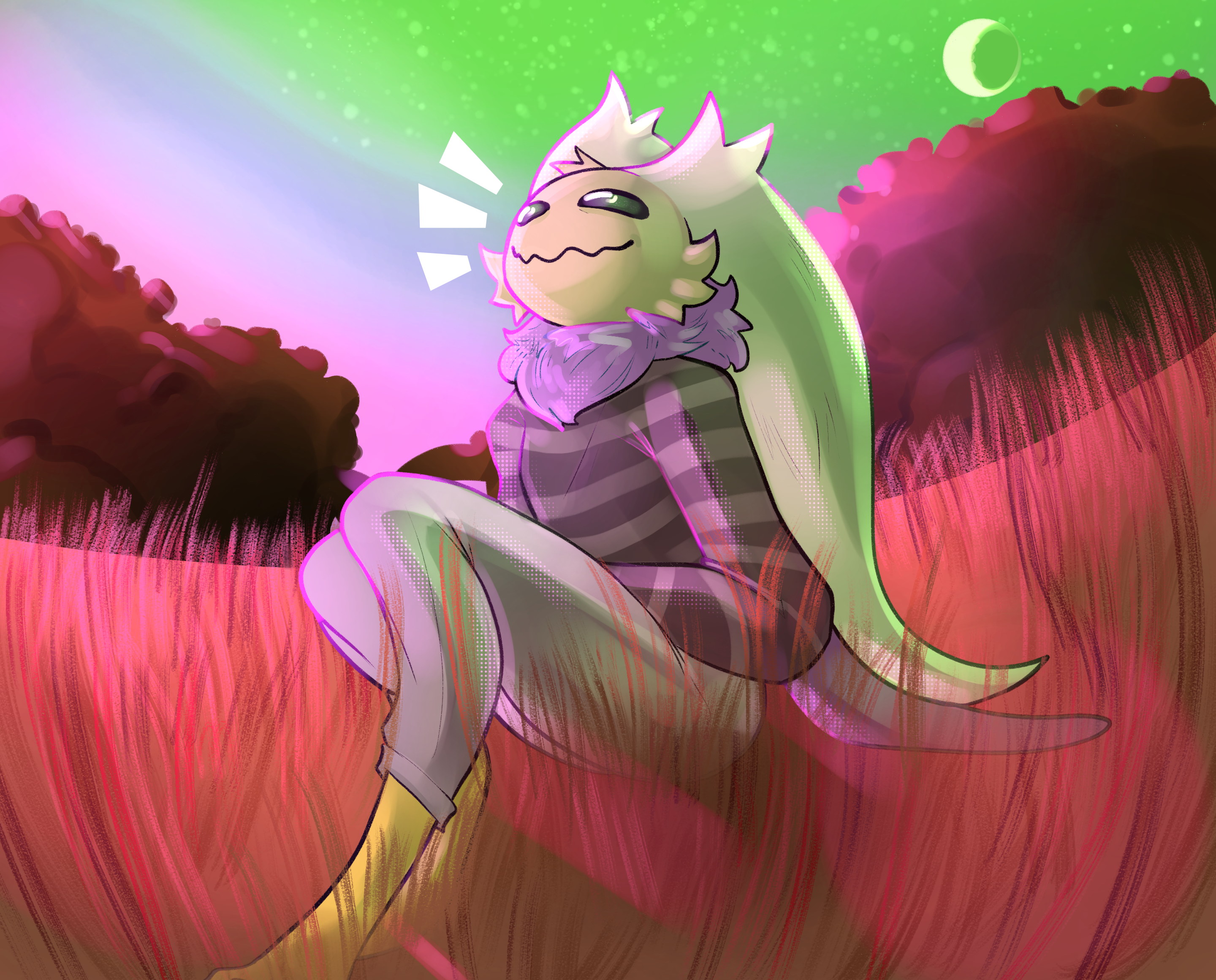 Caiden relaxing and enjoying a beautiful purple sky on an alien world.