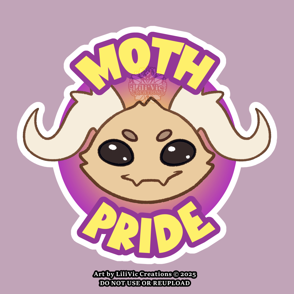 A chibi style sticker of Caiden with the text "Moth Pride".
