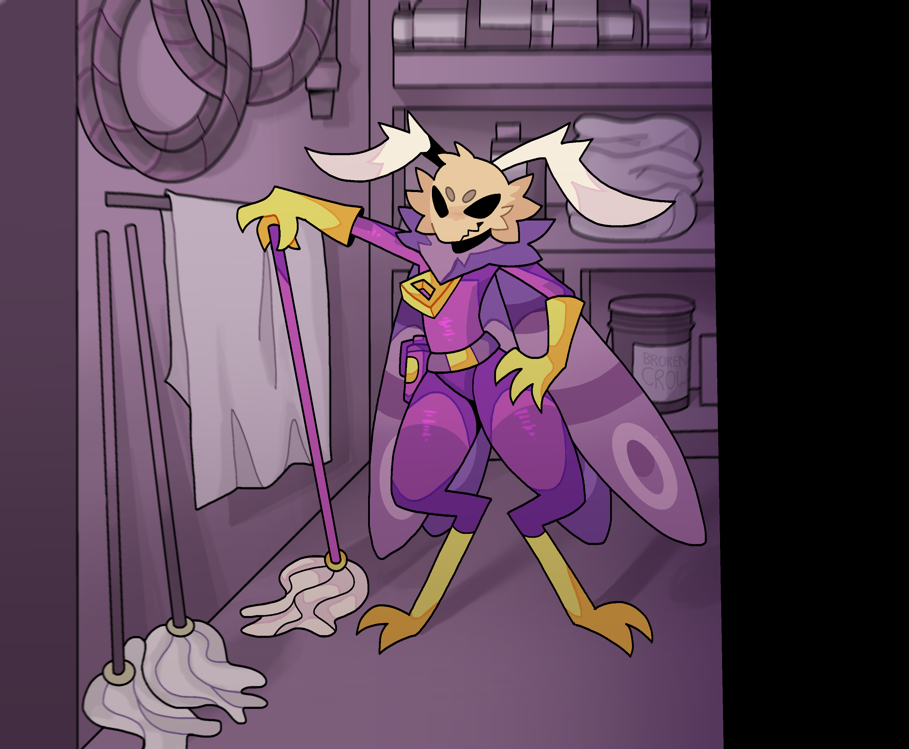Caiden smugly posing in a janitor closet with his mop.