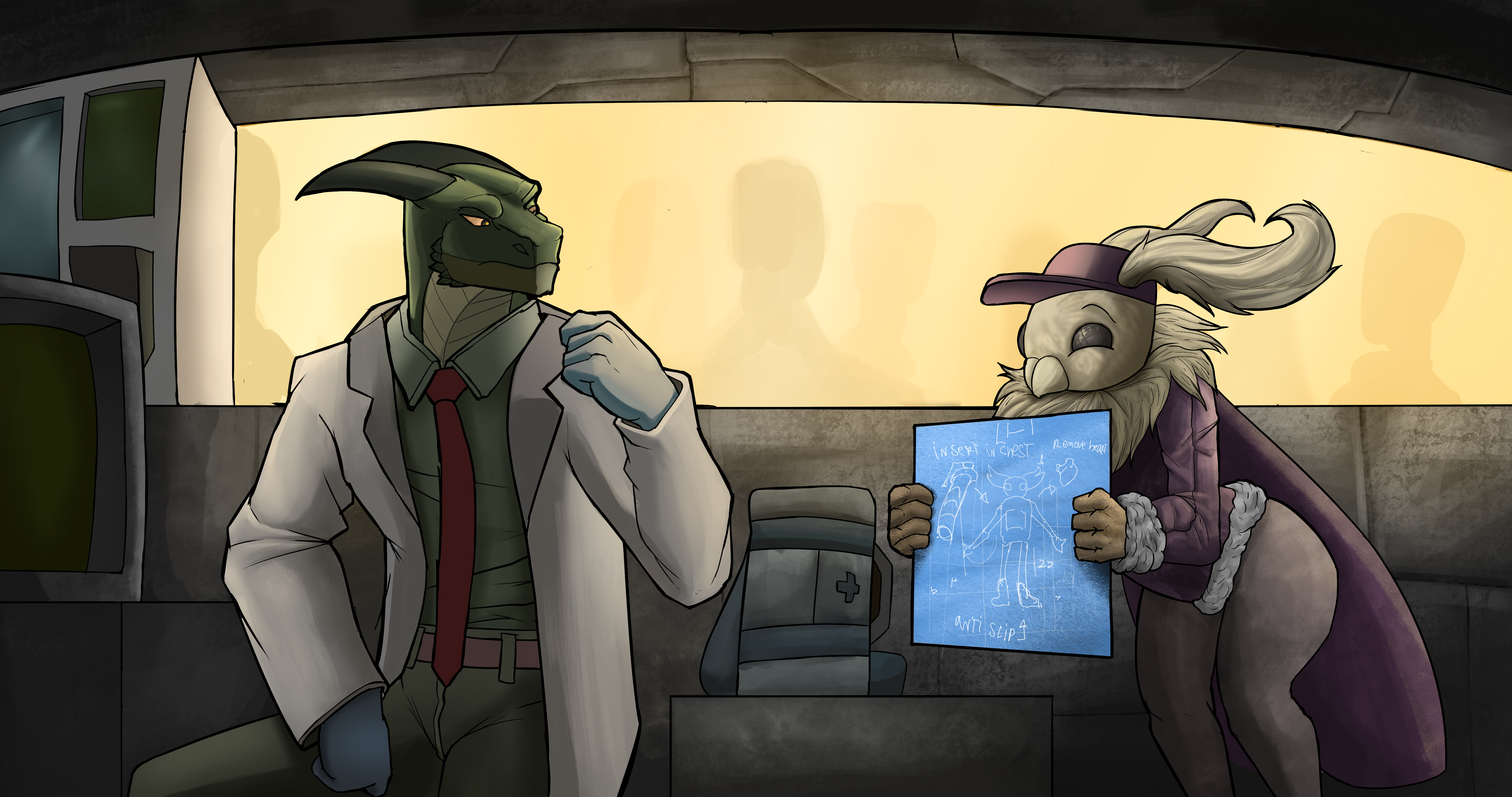A digital painting of Caiden excitedly showing a blueprint to his green lizard surgeon boyfriend Makes-the-Cut.