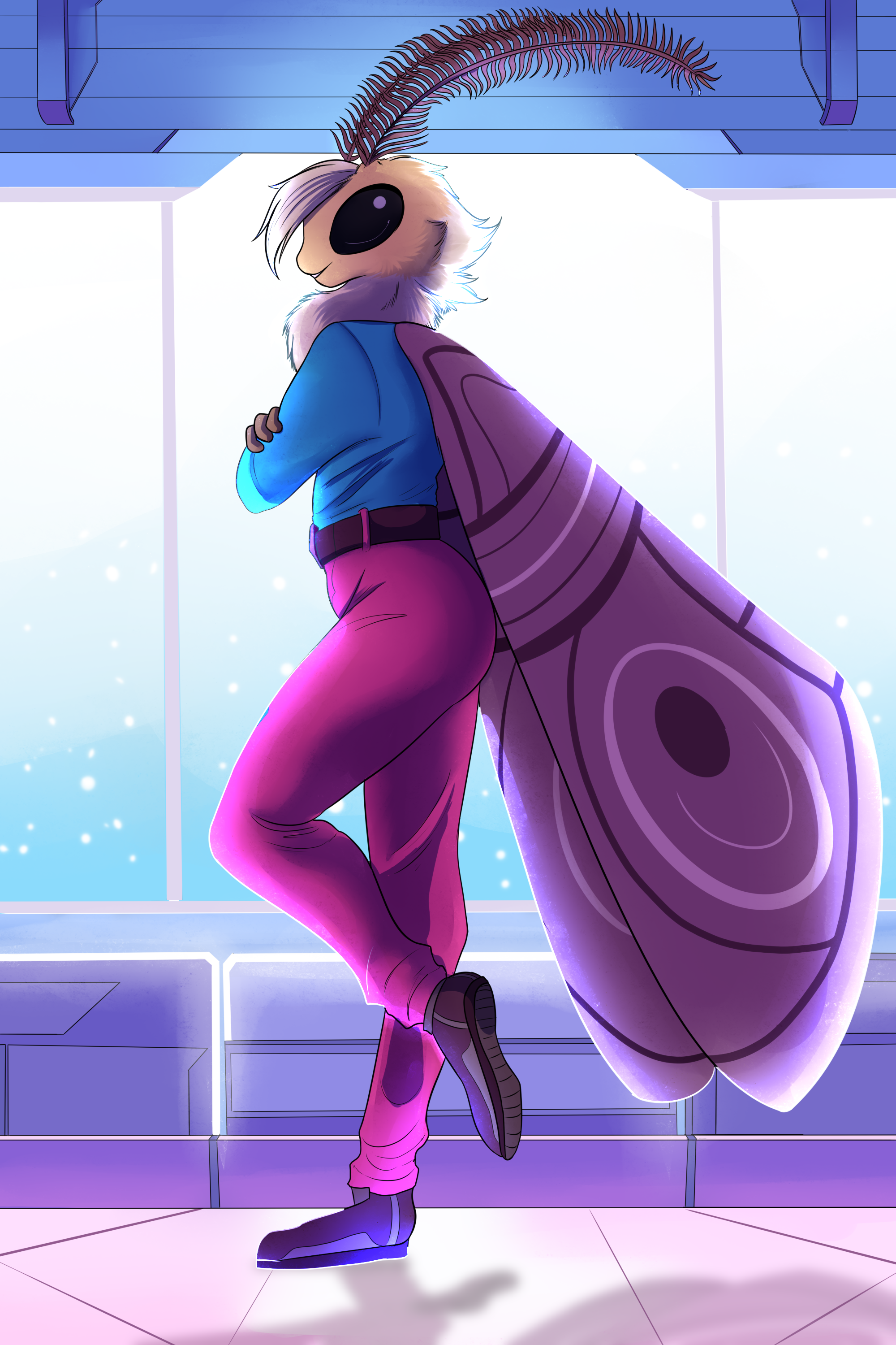 Caiden looking sassy with a bright white background, dressed in a light blue shirt and pink pants.