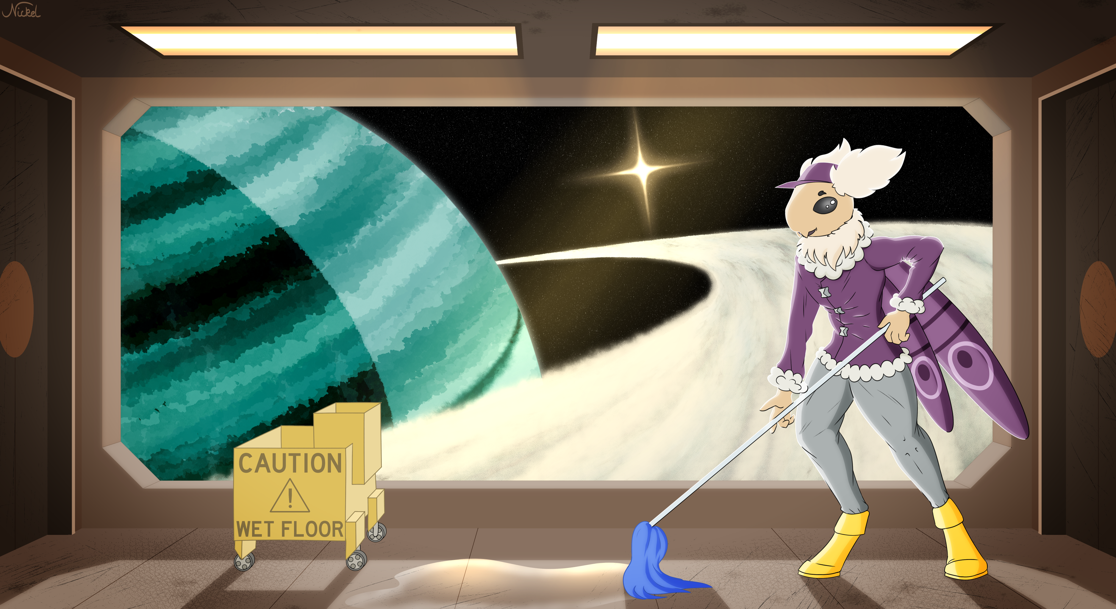 Caiden mopping the floor in front of a large window with a planet visible.