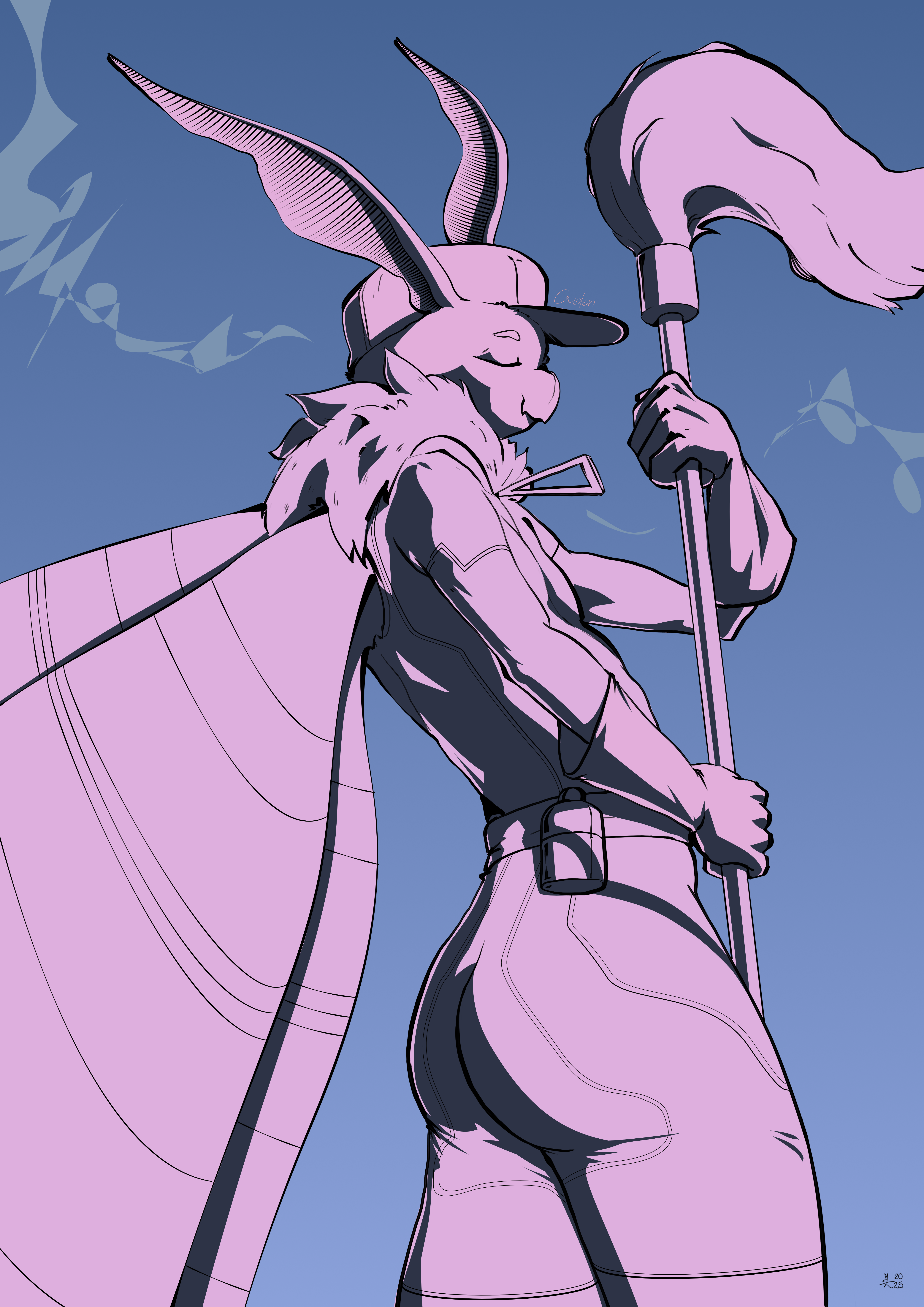 A stylized portrait of Caiden holding a mop with his eyes closed.