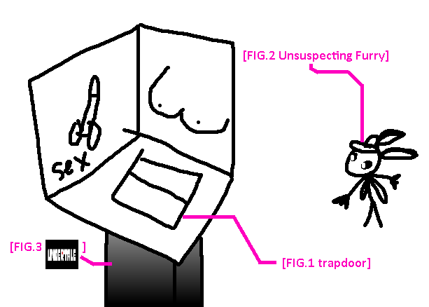A moth being lured into a trapdoor that leads to Undertale by crude drawings of genitals.