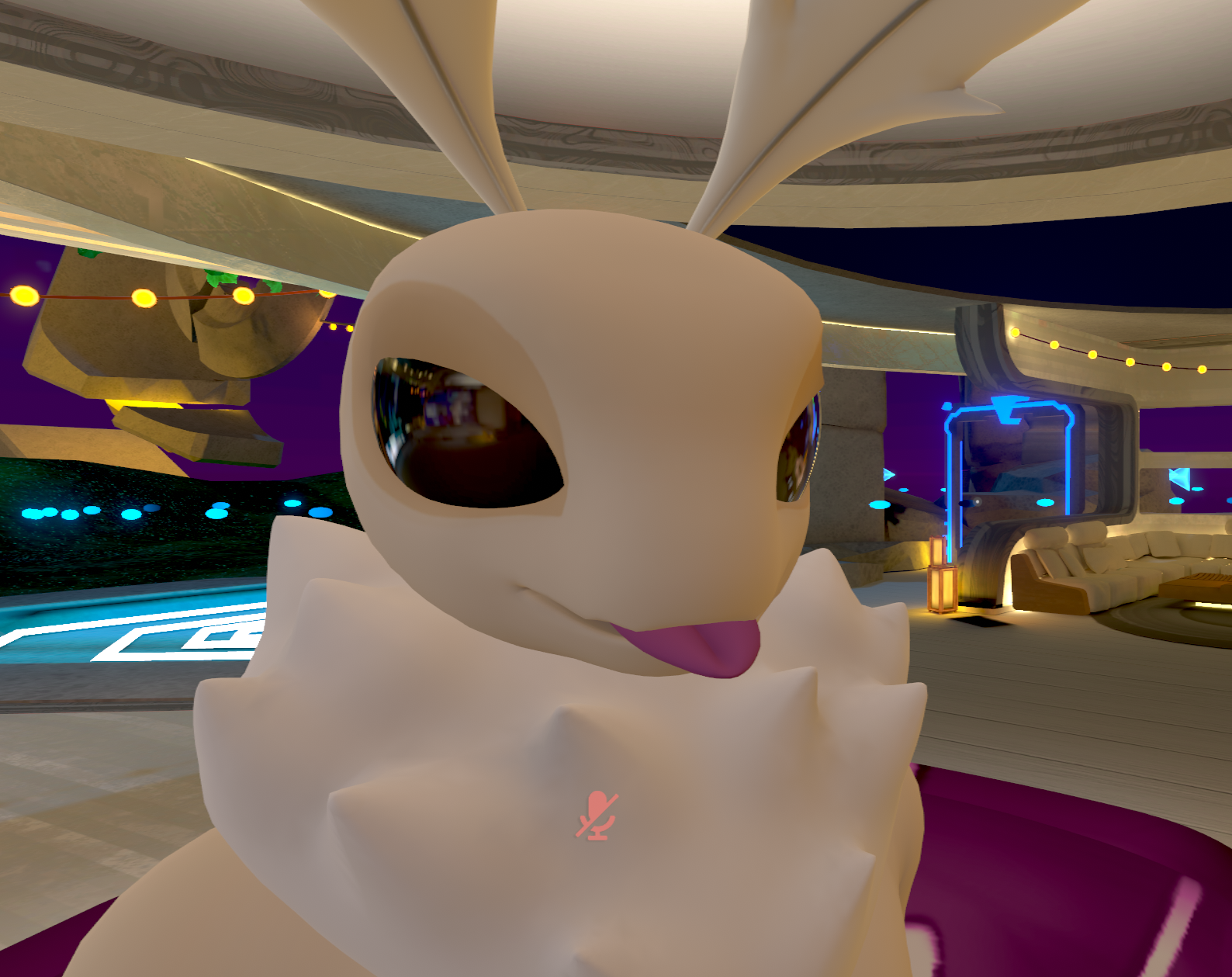 A selfie from VRChat of a moth avatar.
