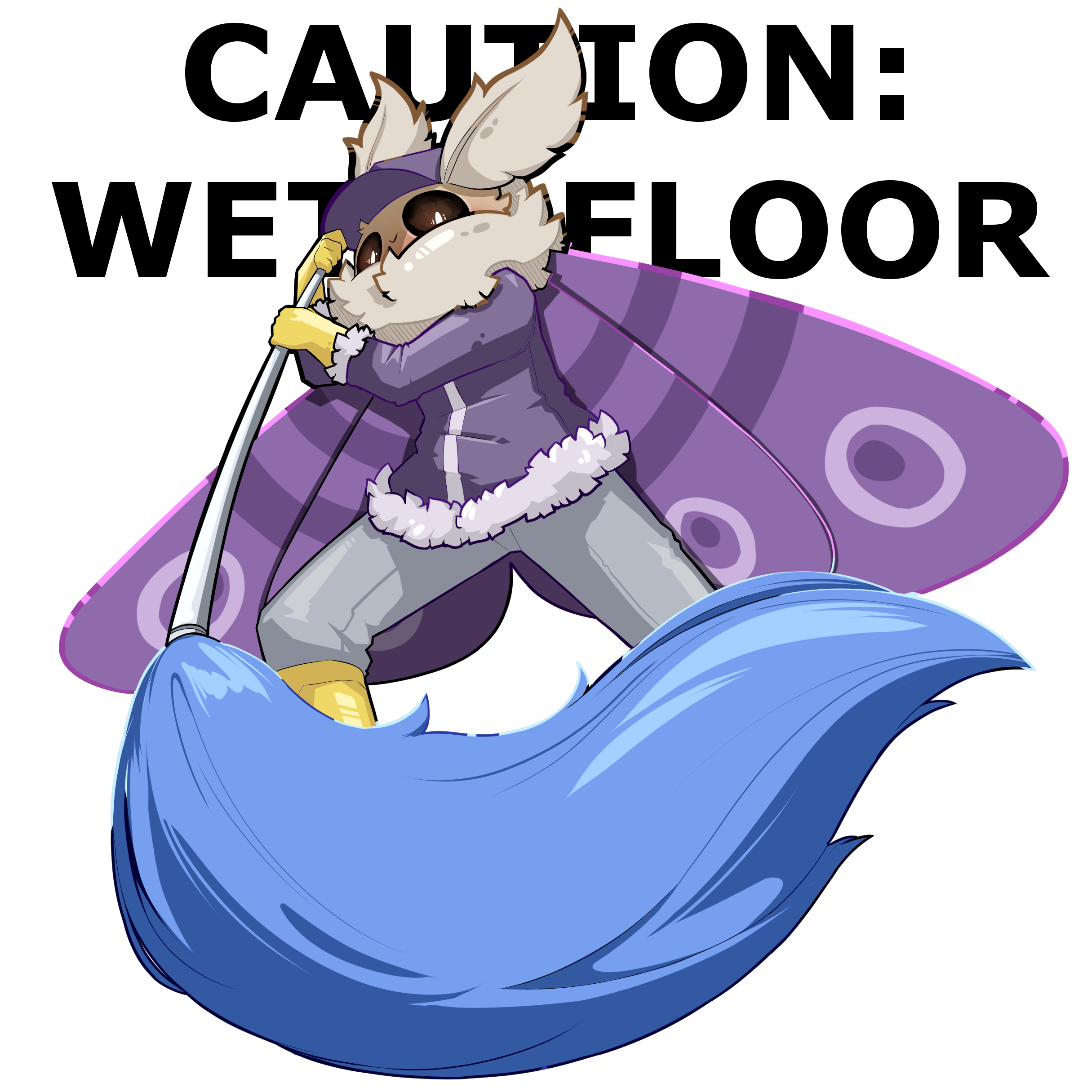 Caiden aggressively mopping the viewer, wearing his classic SS13 uniform, with the text CAUTION WET FLOOR behind him.