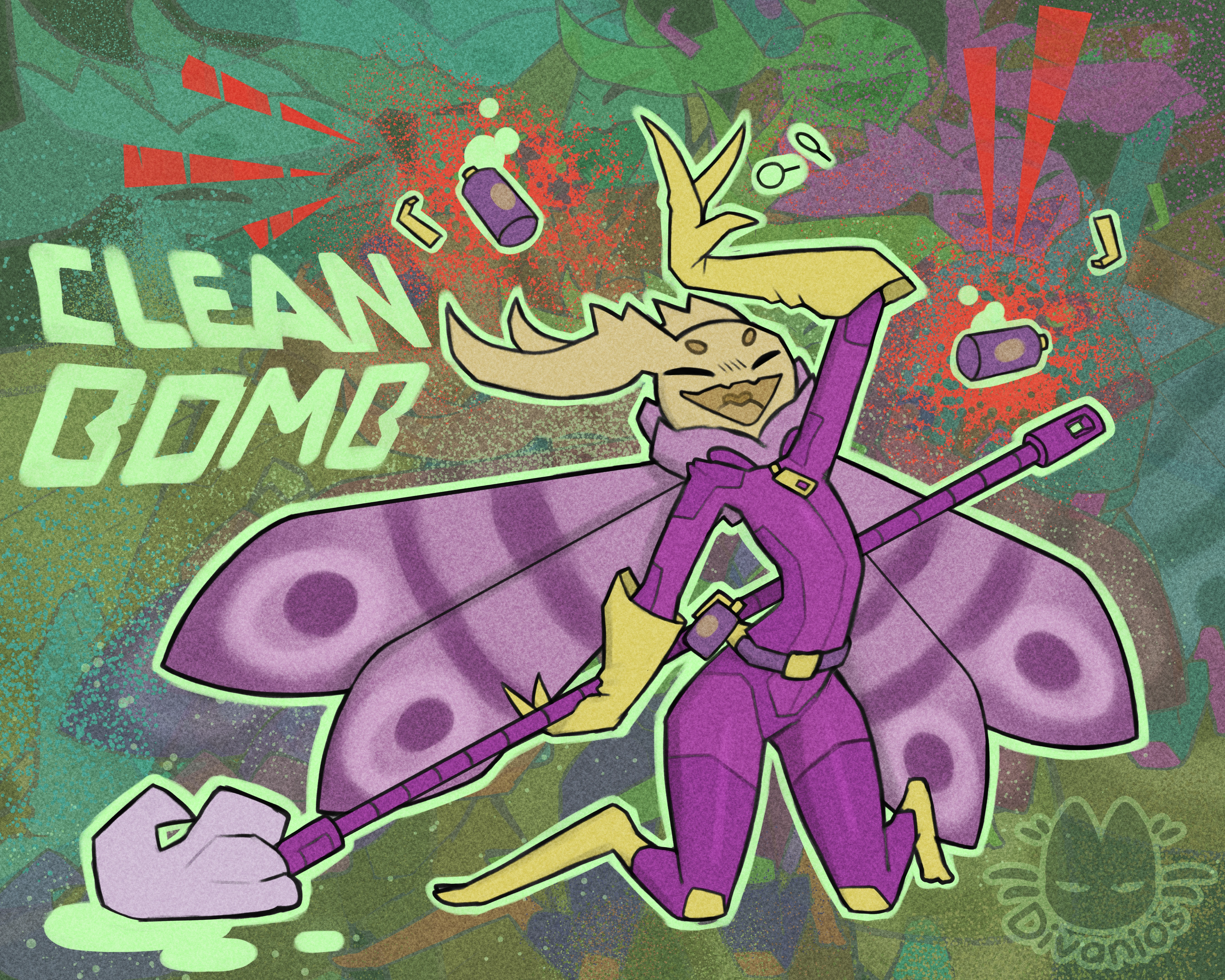 Caiden in an excited pose, drawn in a cool graffiti style, having just let off two cleaning grenades.