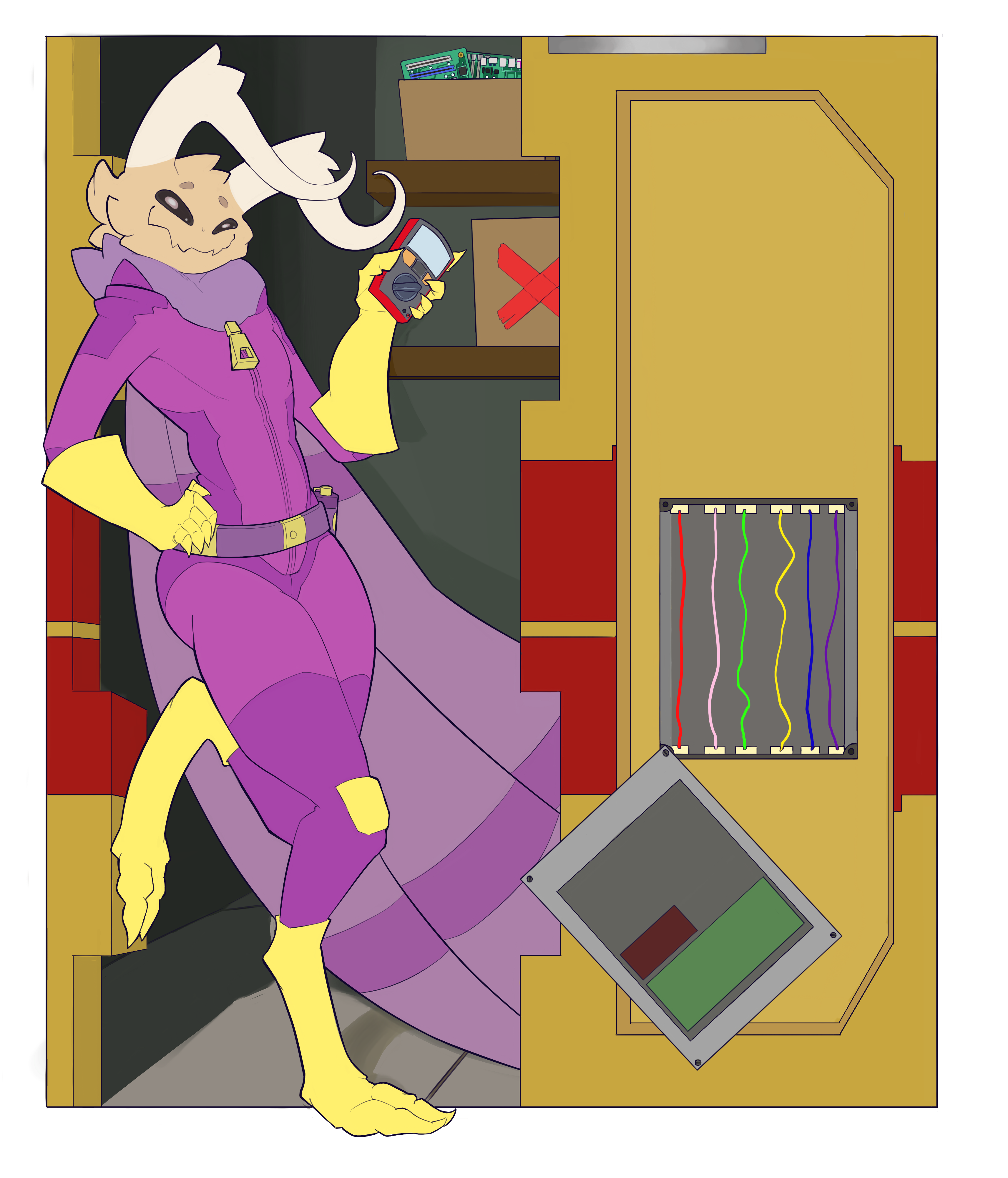 Caiden leaning against an open airlock door with the wire panel exposed, smugly holding a multitool.